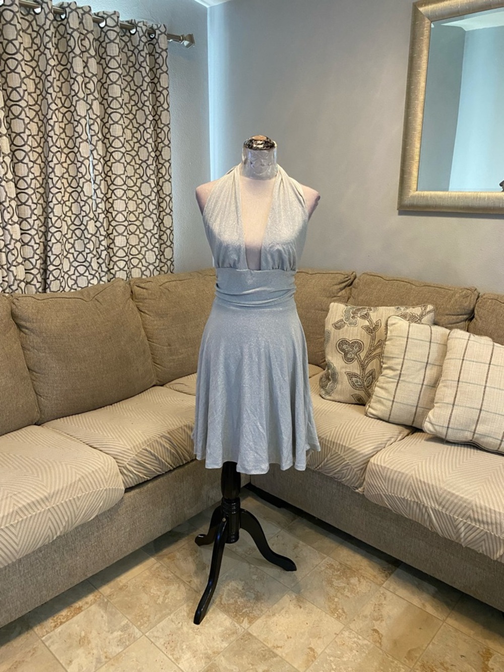 New Silver metallic halter-neck mini dress Women XXL  plunge V-neck ruched waist